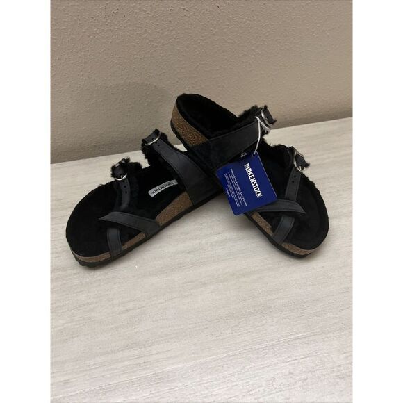 Birkenstock Mayari Shearling Sandals Womens 38 / US 7 Black Buckle Straps - Picture 1 of 12
